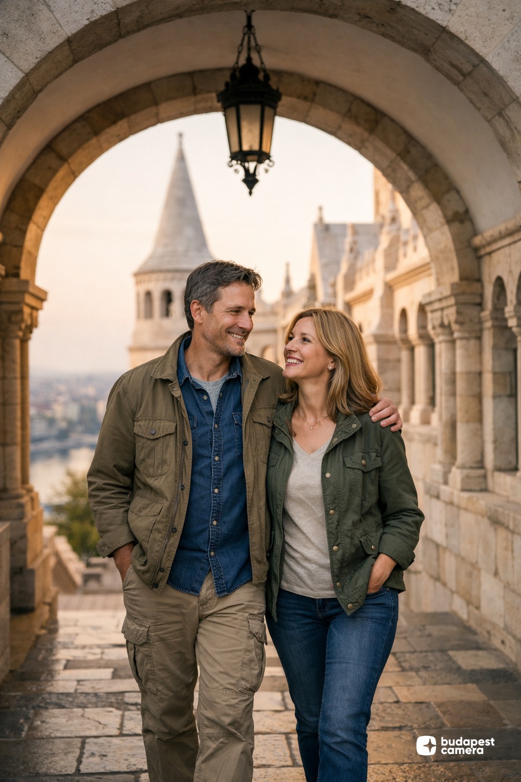 A middle-aged couple walking at Buda Castle